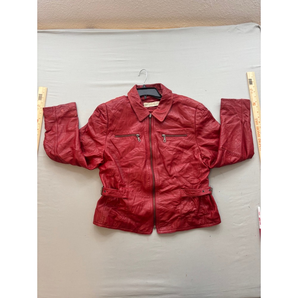 Valerie Stevens Red Leather Jacket New Zealand Lambskin Zip Up Moto Size 16